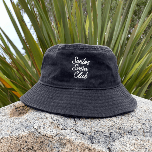Black Organic Cotton Bucket Hat with Santos Swim Club Embroidery in White